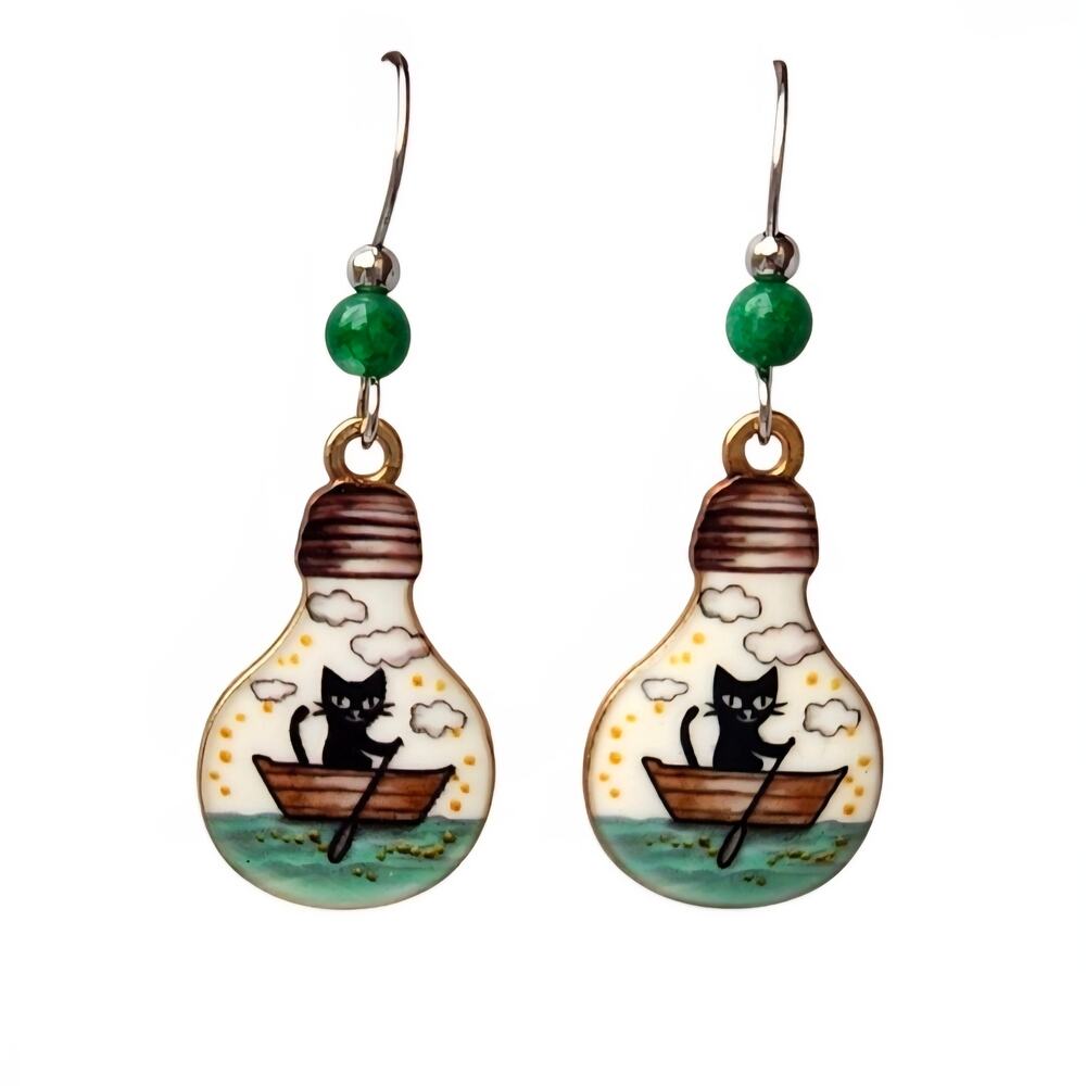 Cat in Boat Lightbulb Dangle Earrings | Handmade Acrylic | Green Bead Accent